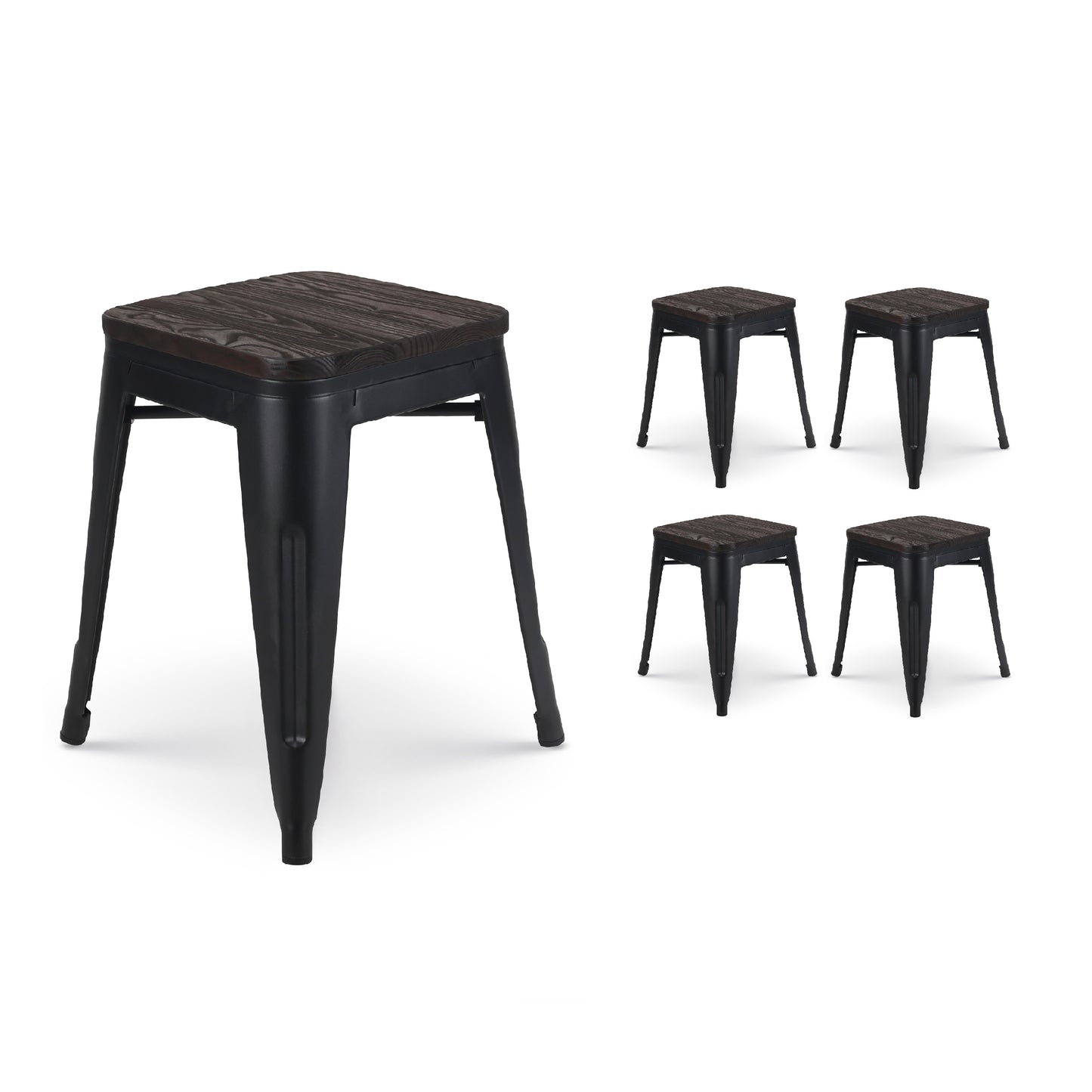 Lot de 4 tabourets en métal noir mat style industriel et assise en bois foncé - Hauteur 46 cm
