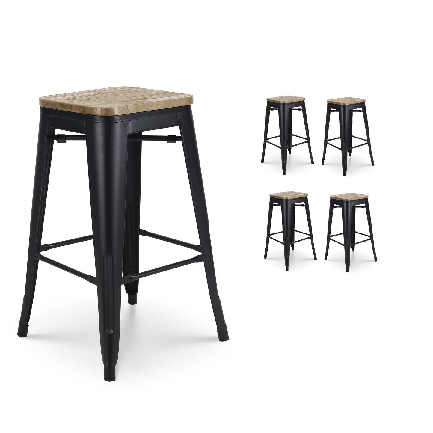 Lot de 4 tabourets de bar en métal noir mat style industriel et assise en bois clair - Hauteur 66 cm