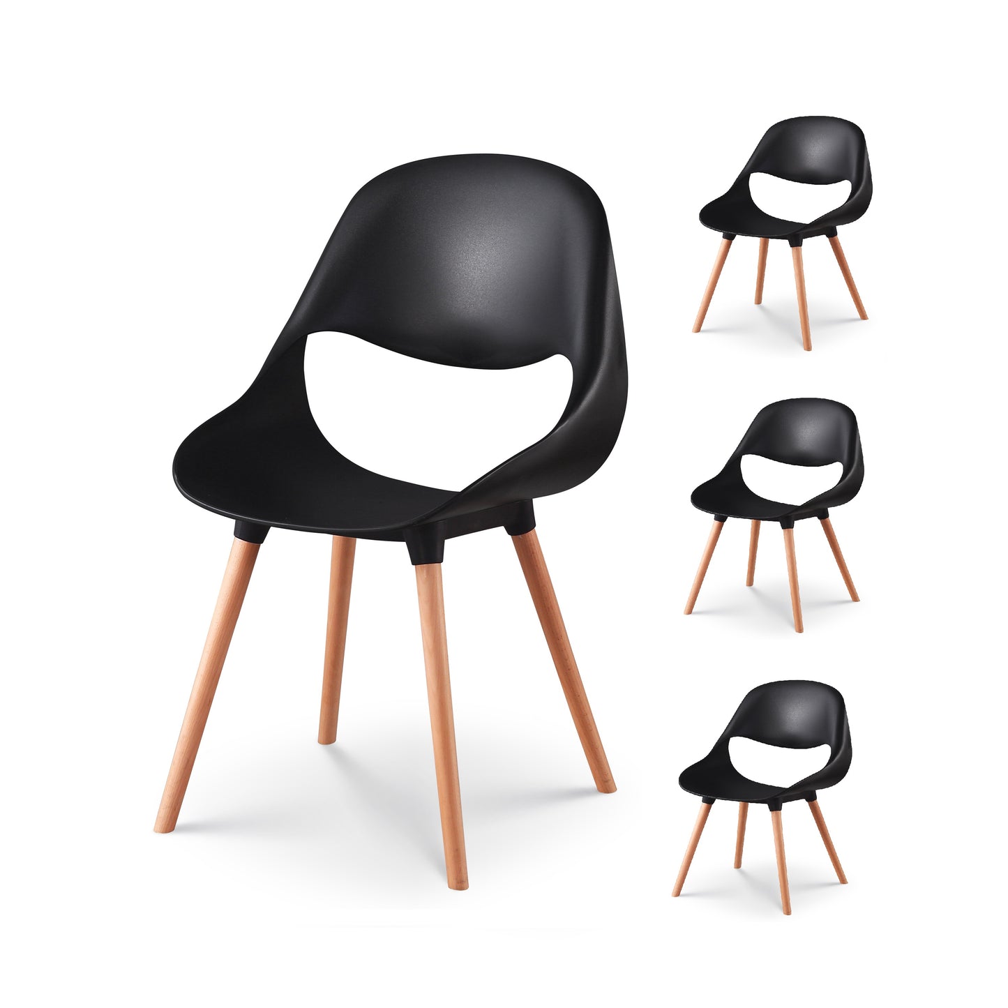 Lot de 4 chaises style scandinave modèle CHLOE - Assise en résine noire et pieds en bois naturel