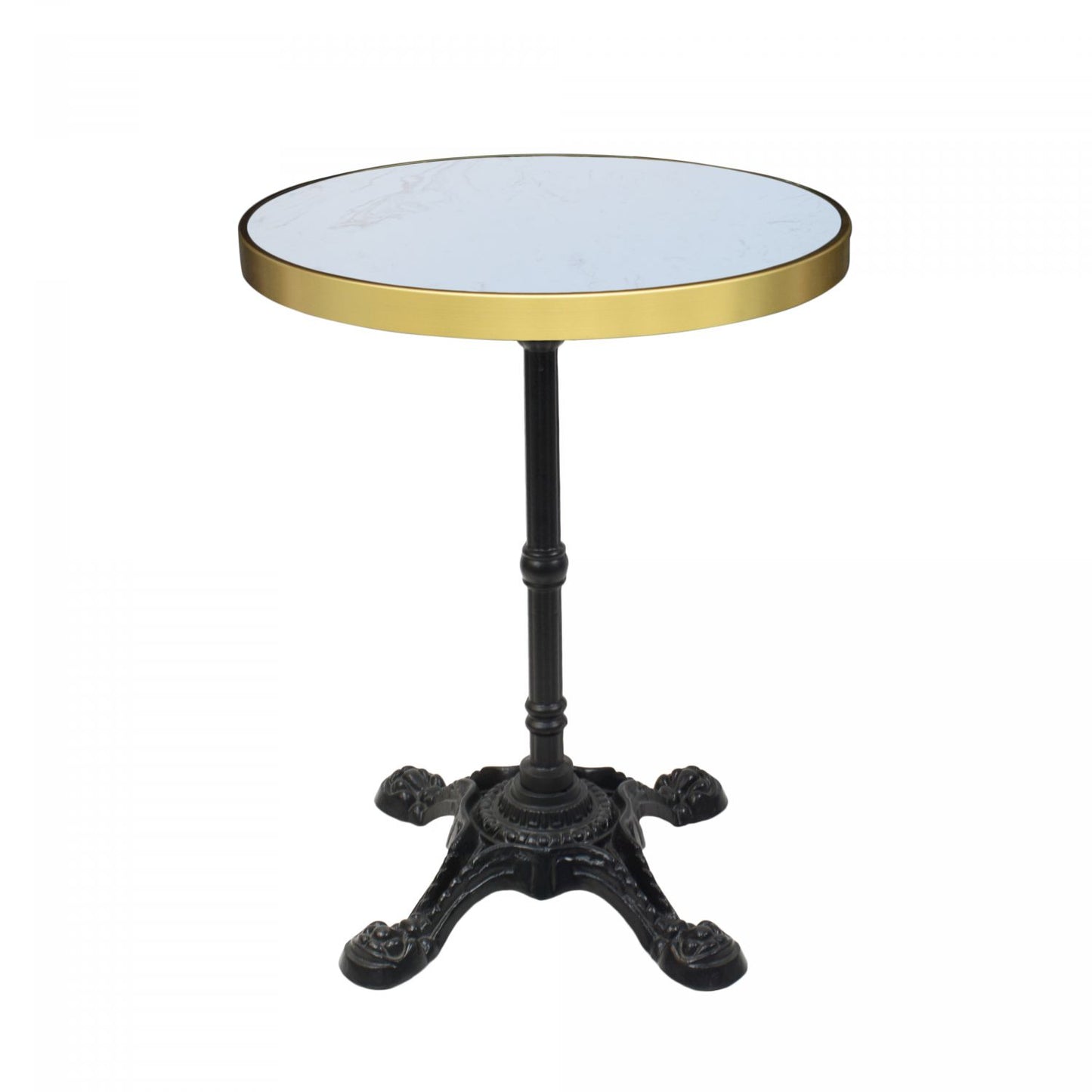 Table ronde pour restaurant terrasse de café ou table de bar ou de brasserie diamètre 60cm pour 2 personnes  pieds en métal noir et plateau en pierre naturelle et décor dorée