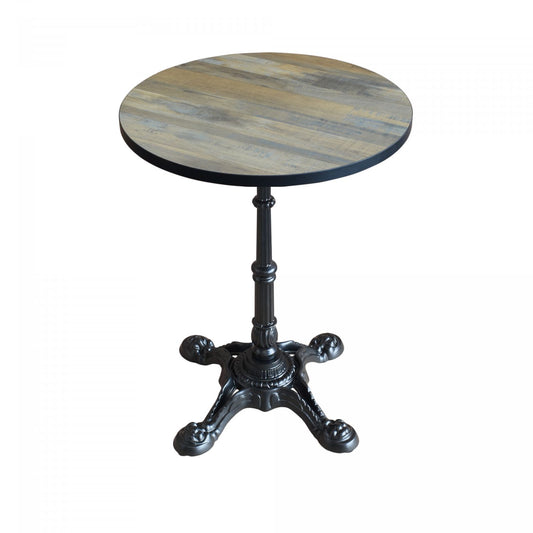 Table de terrasse de restaurant  table ronde plateau en bois décor parquet vintage et pieds en métal noir diamètre 60cm pour 2 personnes