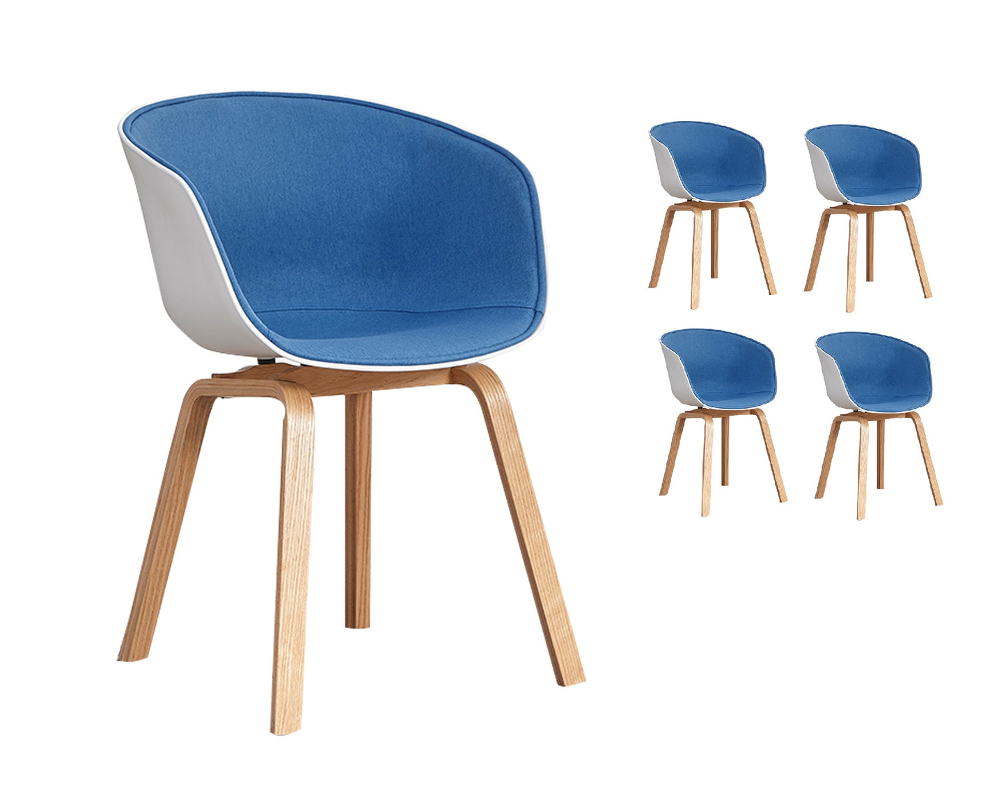 Lot de 4 chaises scandinaves très confortables avec coque en résine blanche revêtue d'un tissu moelleux bleu et des pieds bois
