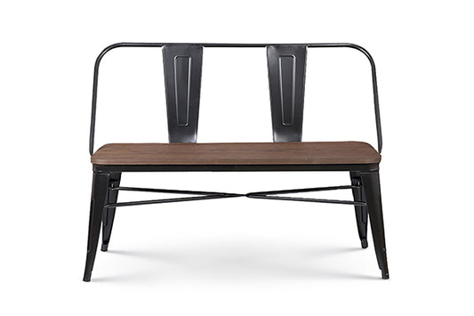 Banc en métal noir mat avec dossier et assise bois foncé - Style industriel
