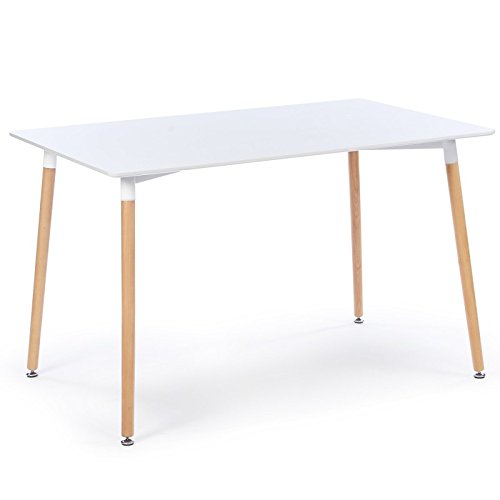 Table style scandinave 120 x 80 cm avec plateau blanc et pieds en bois