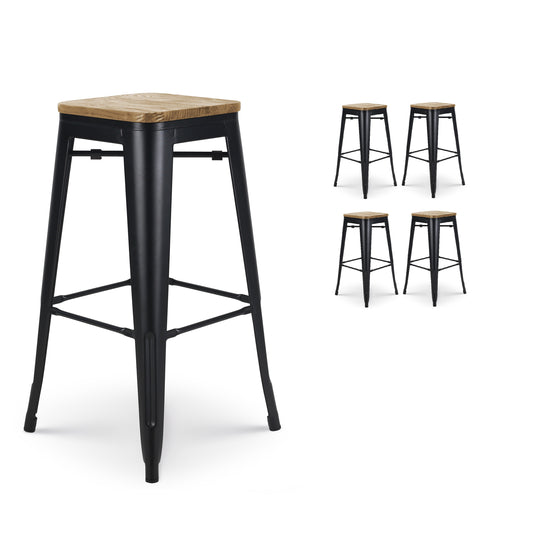 Lot de 4 tabourets de bar en métal noir mat style industriel et assise en bois clair - Hauteur 76 cm