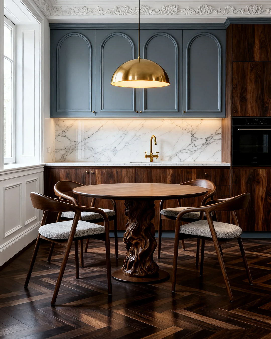 Coin repas avec table ronde en bois massif, chaises en bois et assise boucl&eacute;e blanche sous une suspension design.