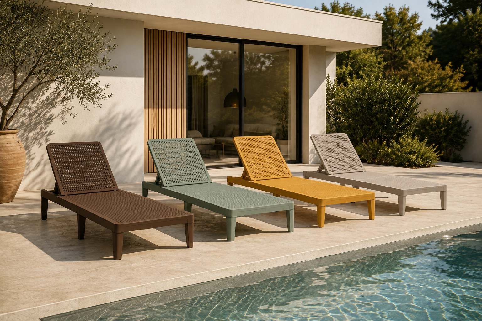 Coin repas avec table ronde en bois massif, chaises en bois et assise boucl&eacute;e blanche sous une suspension design.